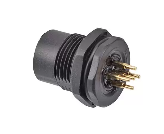 M12メスバックマウントソケット（PCB、ネジM15*1、プラスチックタイプ）